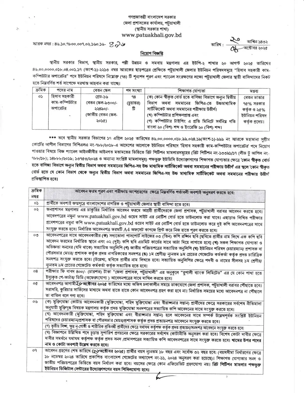 Patuakhali DC Office Job Opportunity 2025