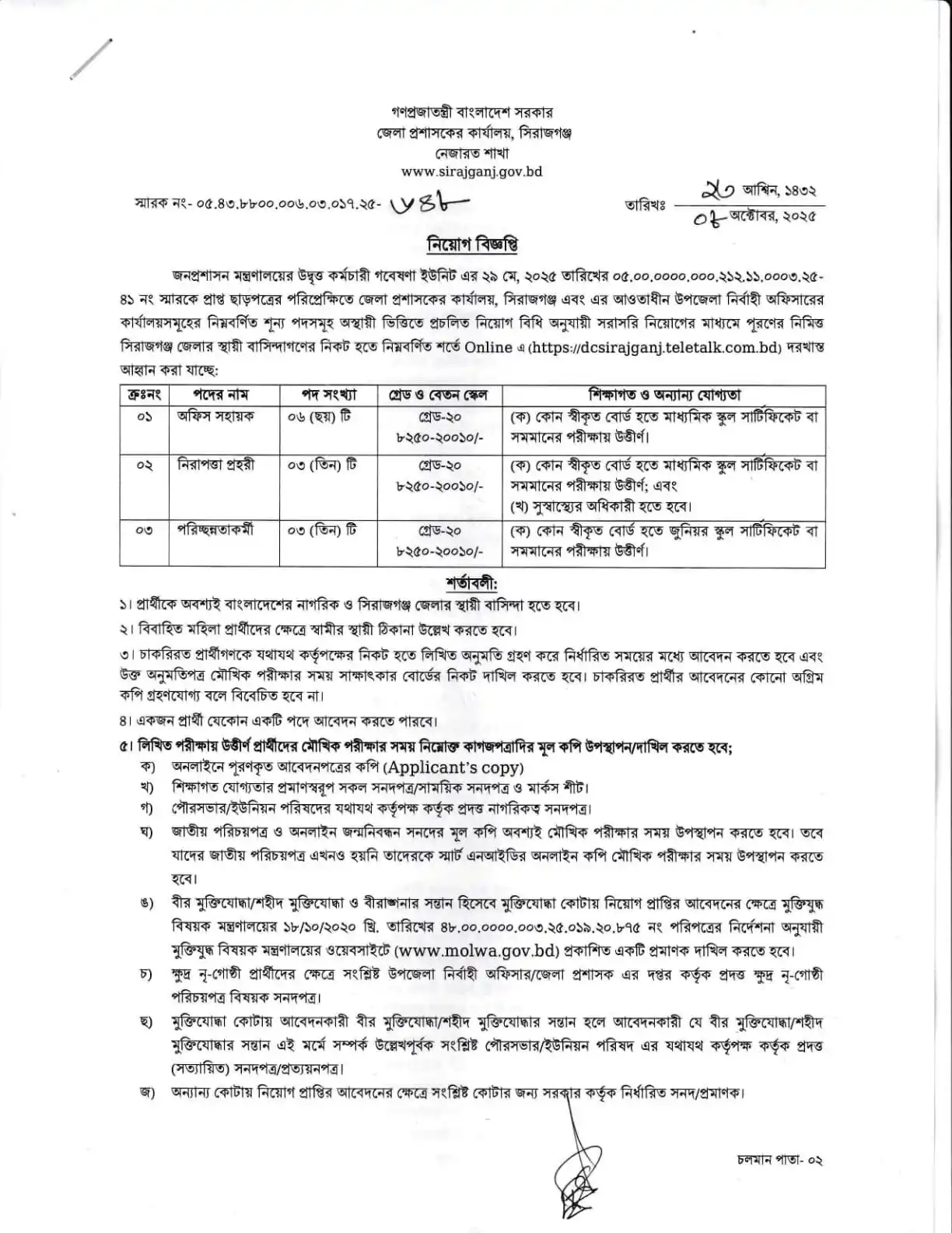 Sirajganj DC Office Career Opportunity 2025