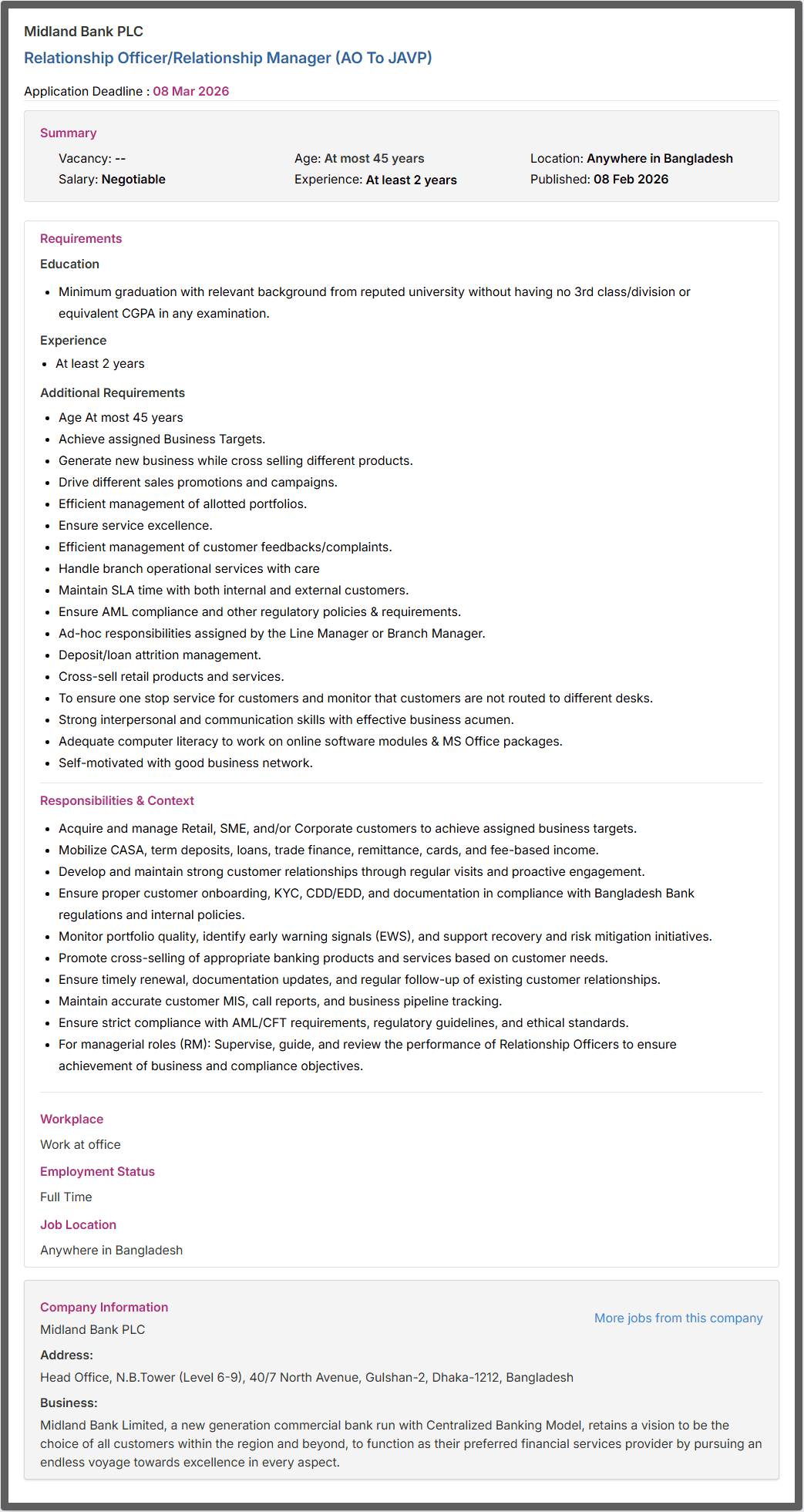 Midland Bank PLC Job Opportunities 2026