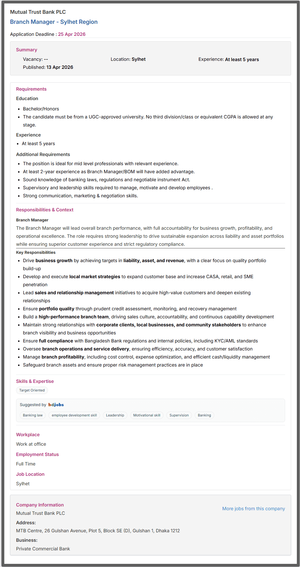 Mutual Trust Bank PLC Job Opportunities 2026