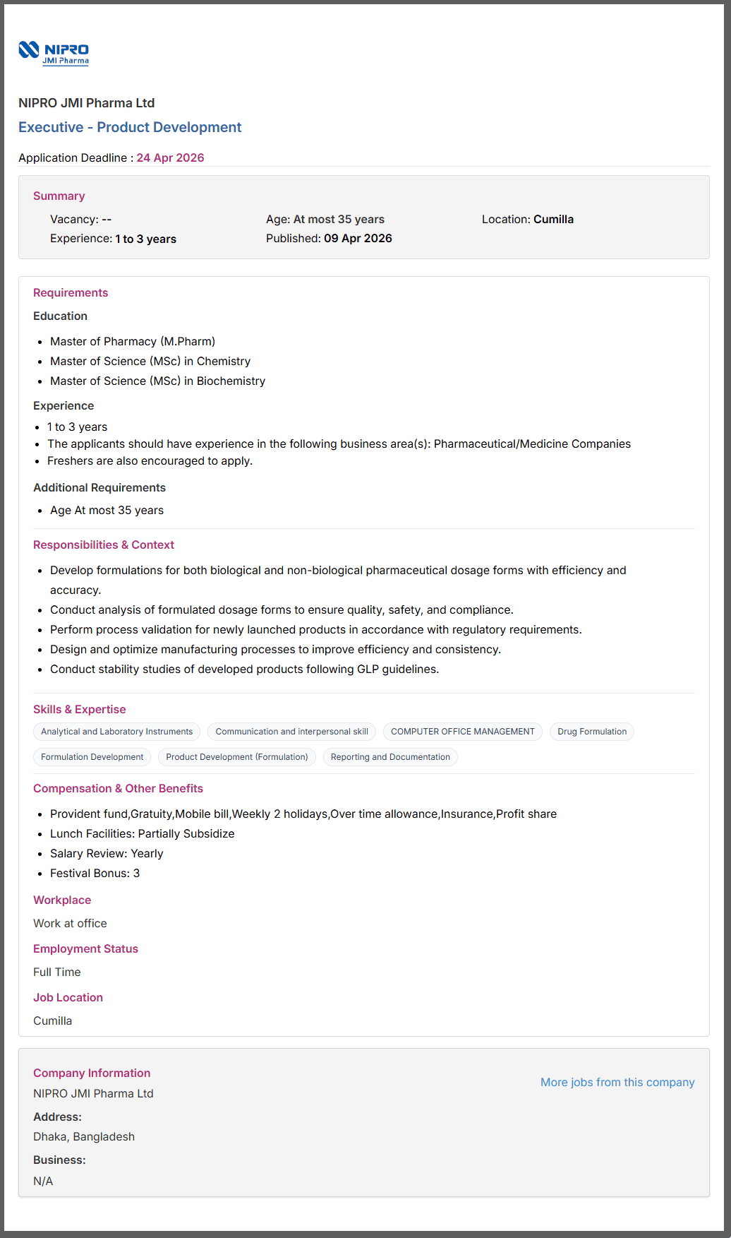 NIPRO JMI Pharma Job Opportunities 2026