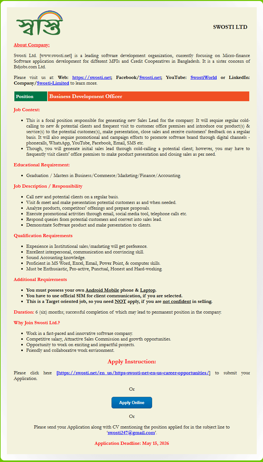 Swosti Limited Job Opportunities 2026