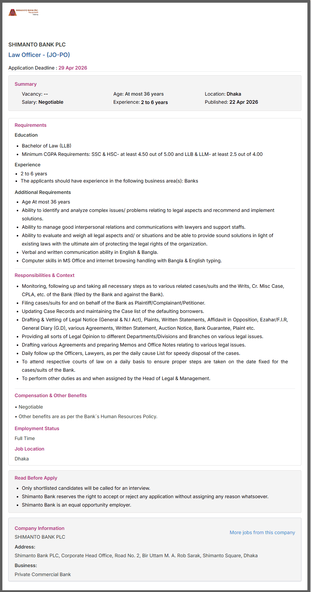 Shimanto Bank PLC Job Opportunities 2026