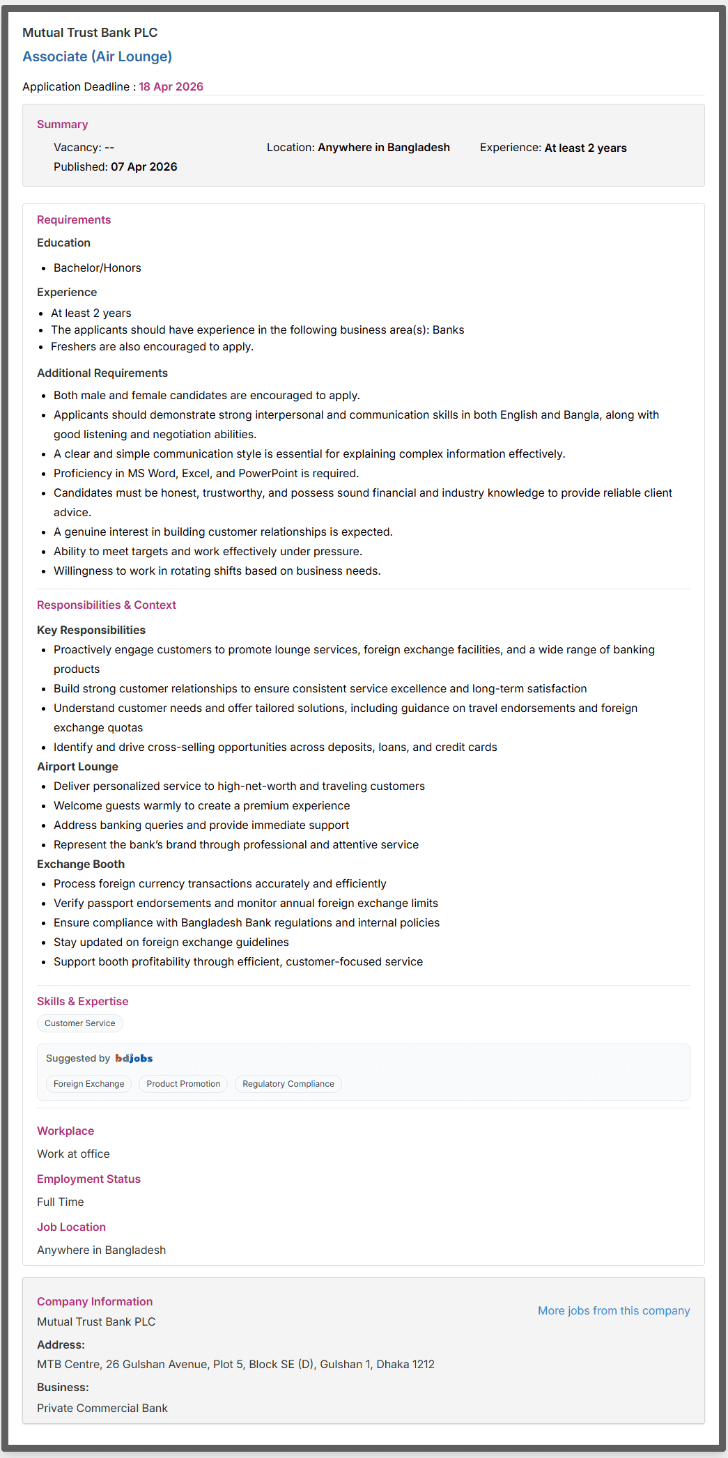 Mutual Trust Bank PLC Job Opportunities 2026