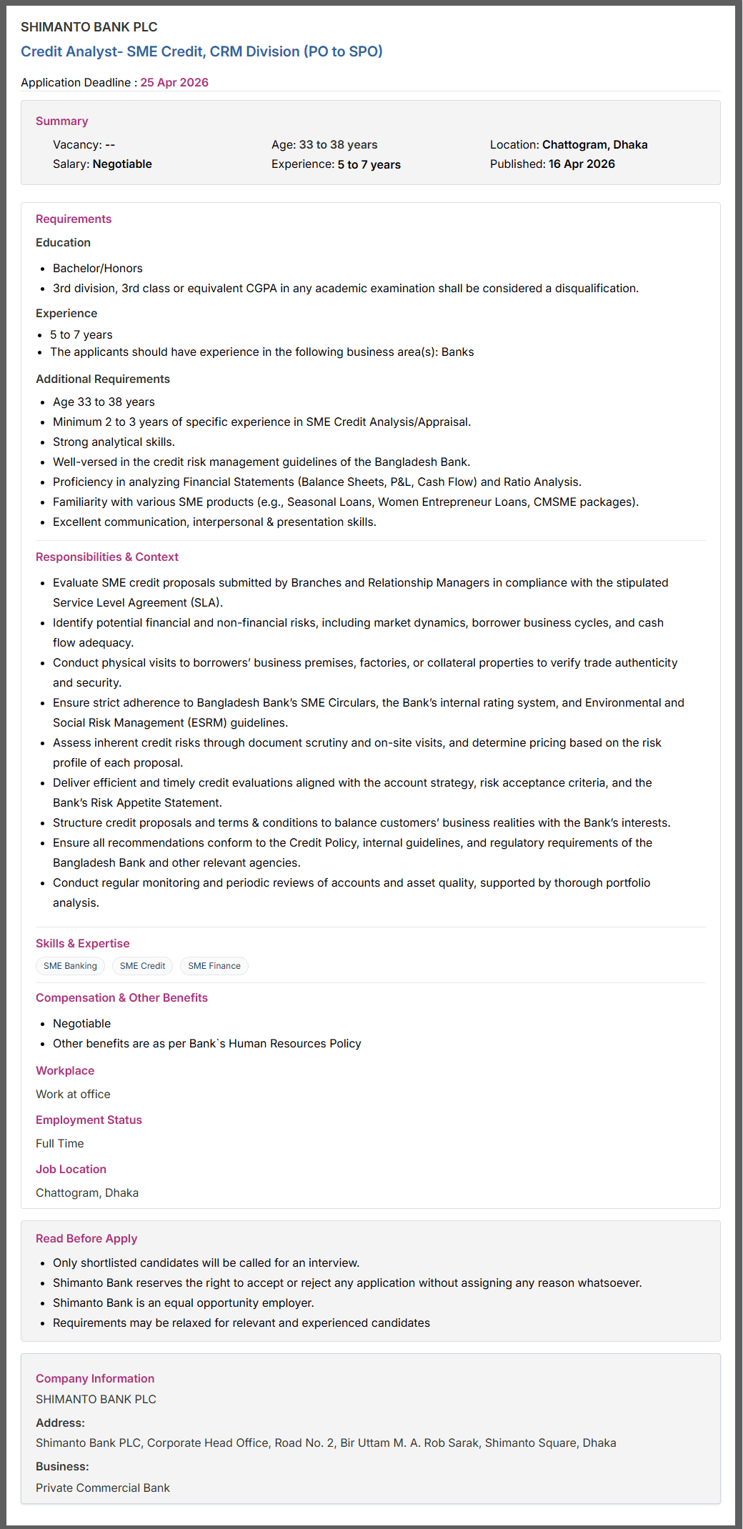 Shimanto Bank PLC Job Opportunities 2026