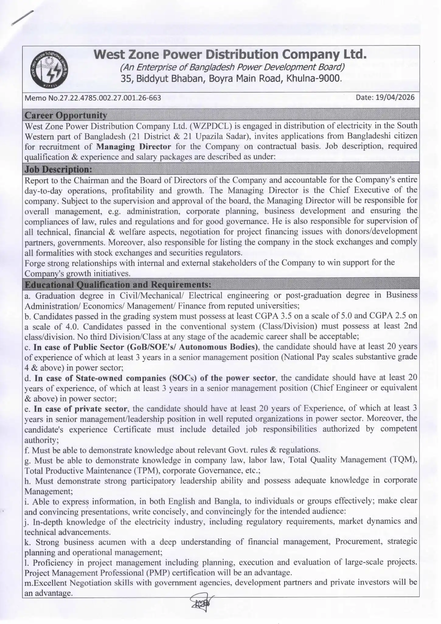 WZPDCL Job Opportunities 2026