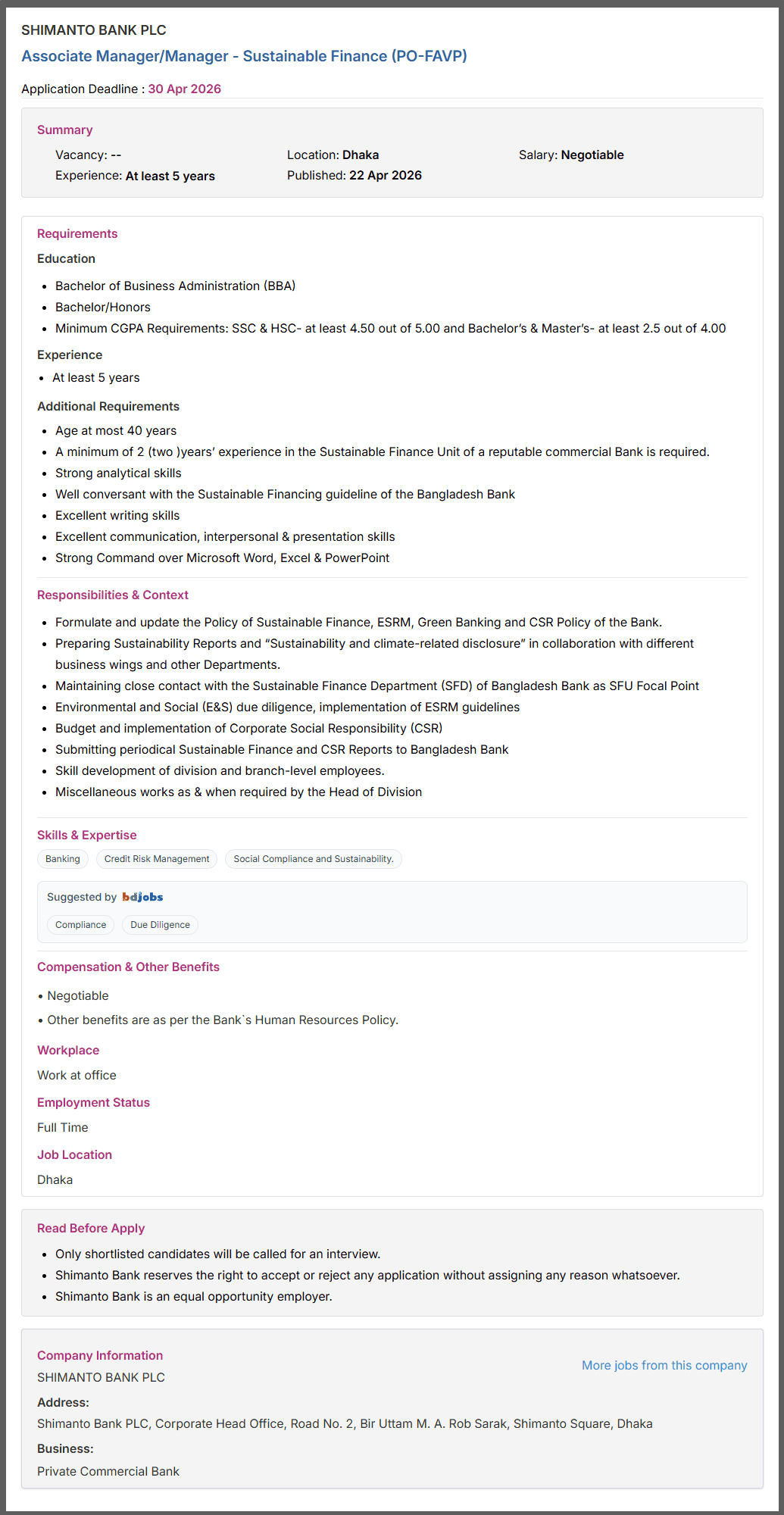 Shimanto Bank PLC Job Opportunities 2026