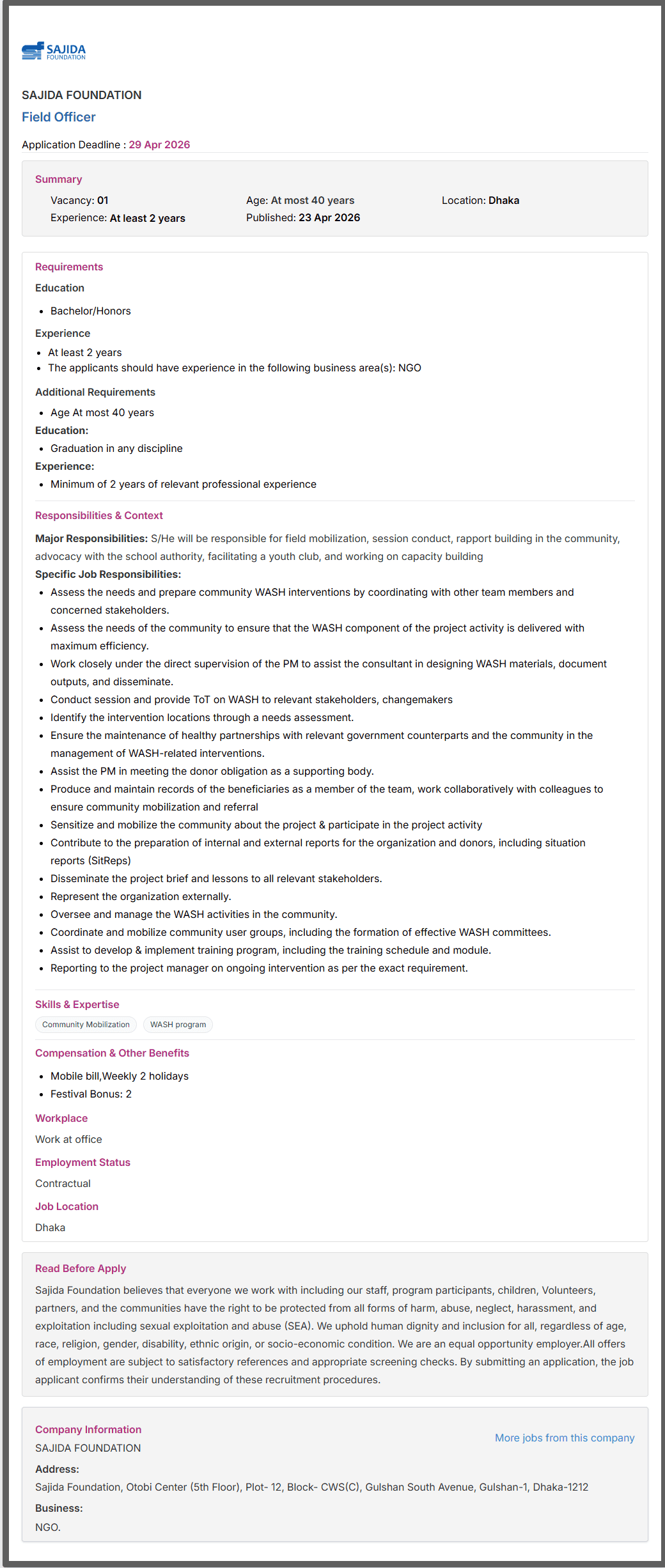 SAJIDA Foundation Job Opportunities 2026