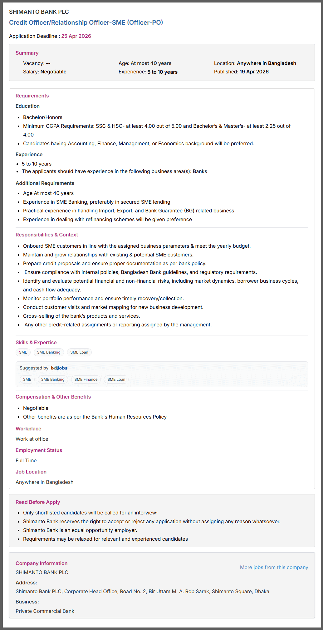 Shimanto Bank PLC Job Opportunities 2026