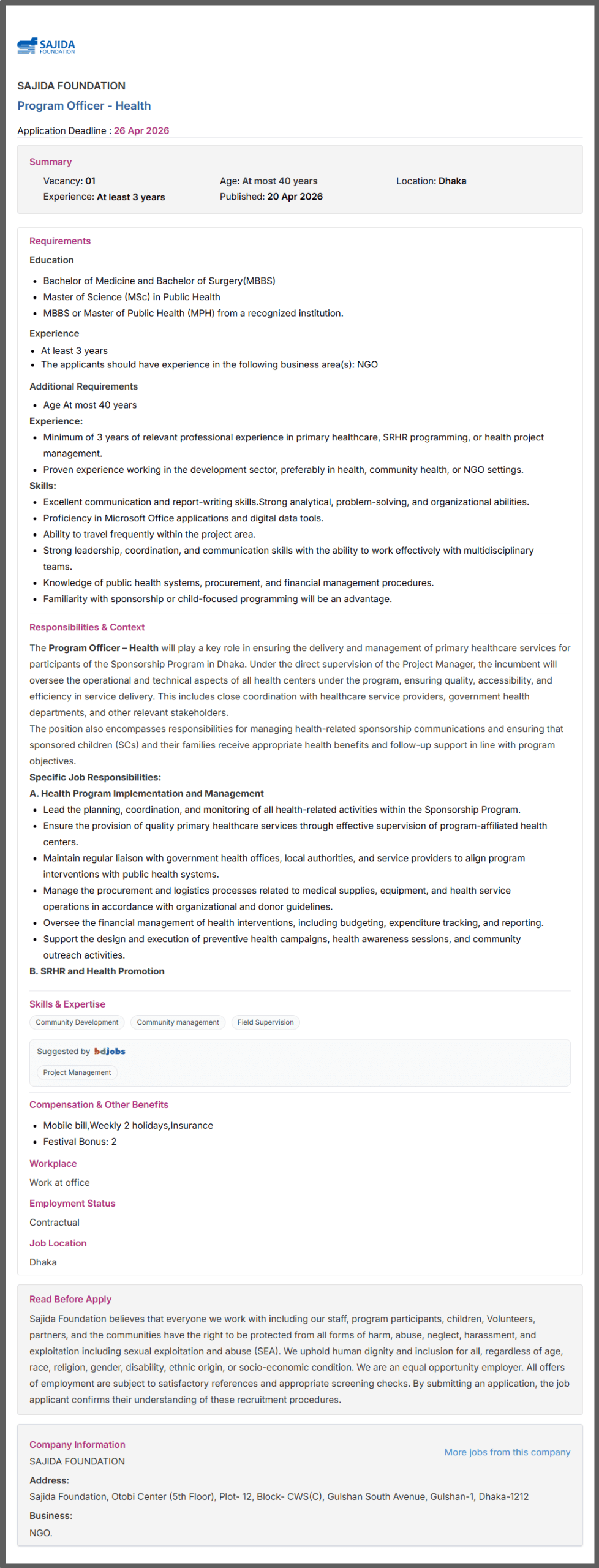 SAJIDA Foundation Job Opportunities 2026