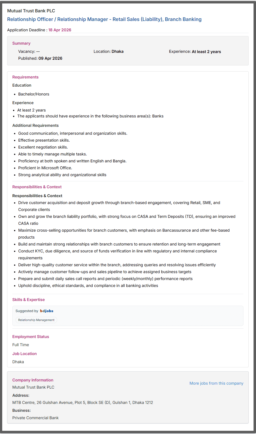 Mutual Trust Bank PLC Job Opportunities 2026