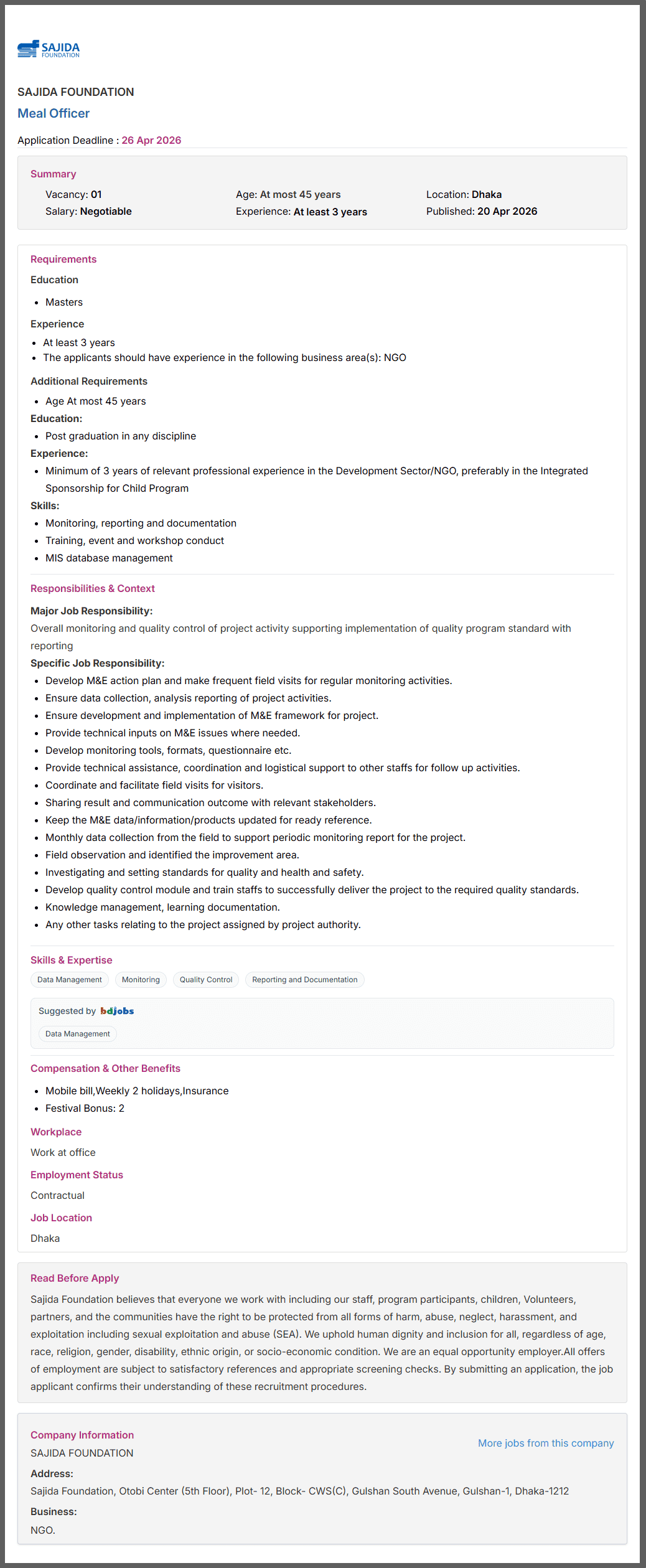 SAJIDA Foundation Job Opportunities 2026