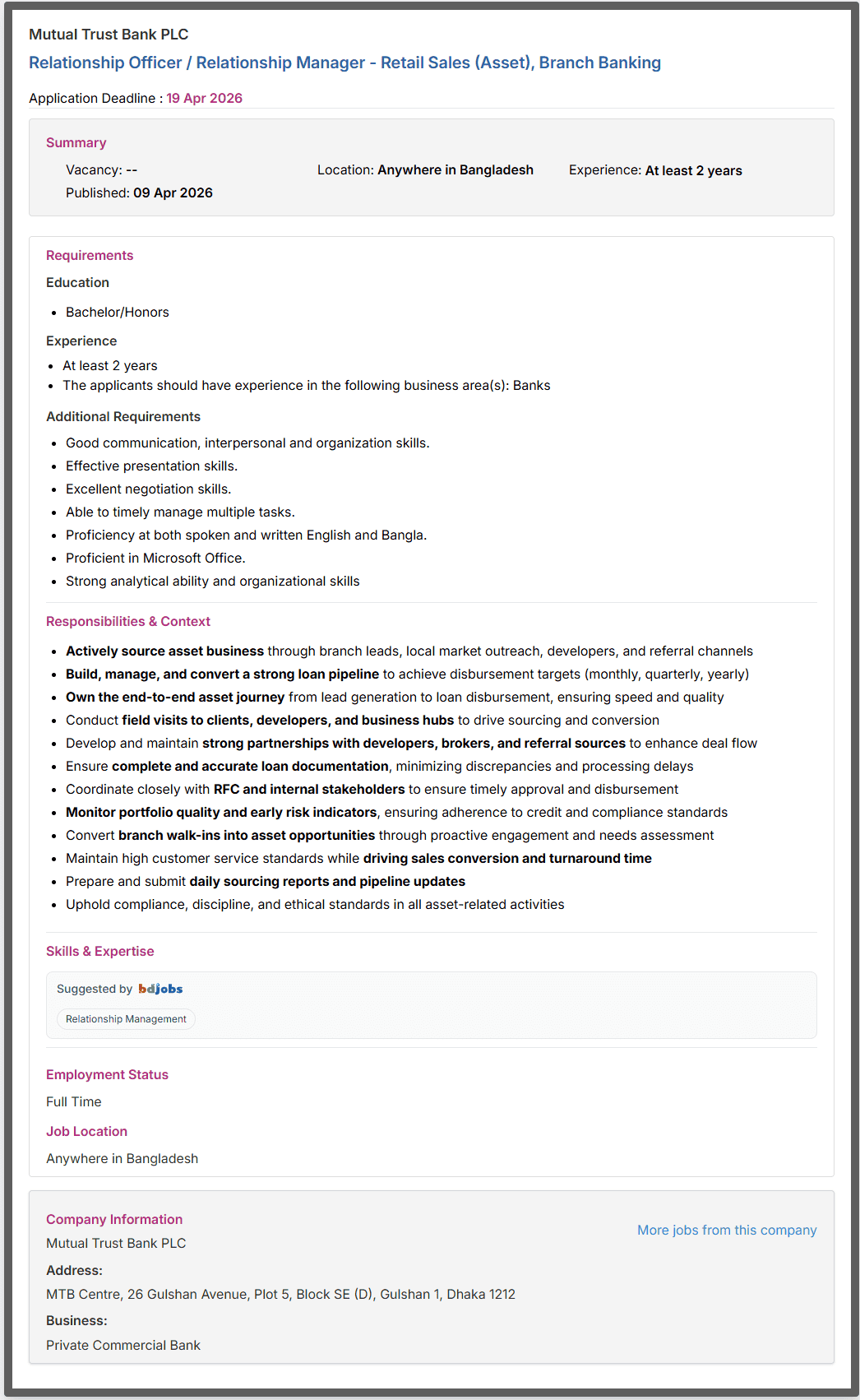 Mutual Trust Bank PLC Job Opportunities 2026