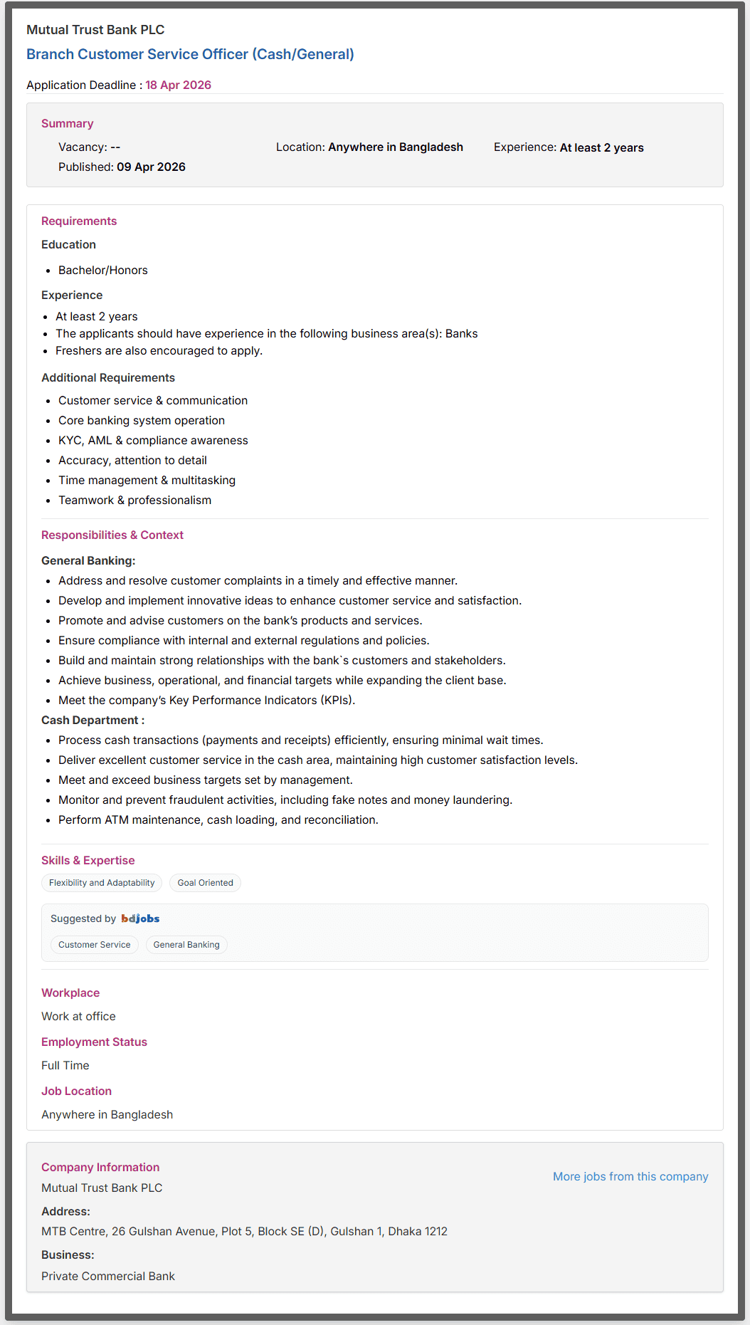 Mutual Trust Bank PLC Job Opportunities 2026