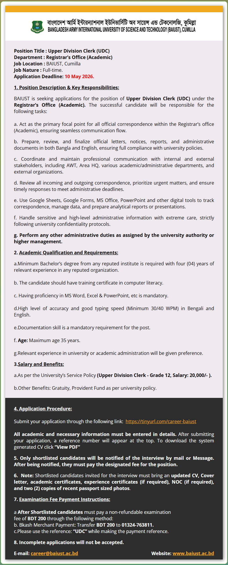 BAIUST Job Opportunities 2026