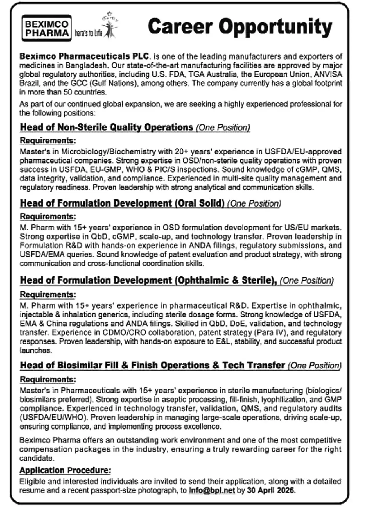 Beximco Pharma Job Opportunities 2026
