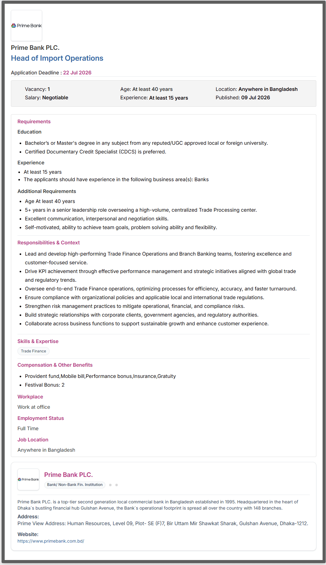 Prime Bank PLC Job Opportunities 2026