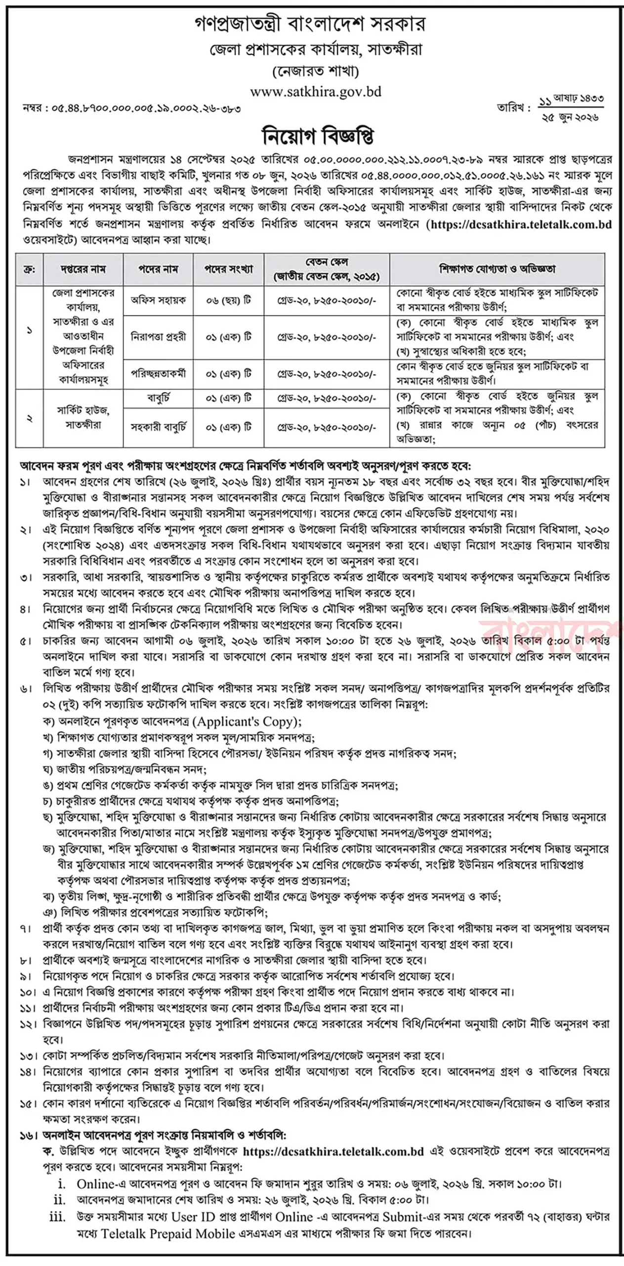 Satkhira DC Office Job Opportunities 2026