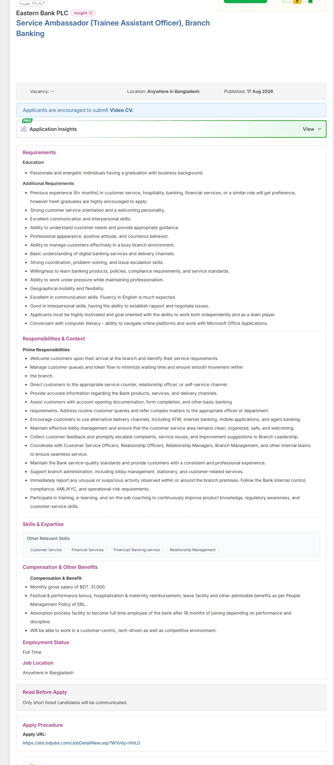 Eastern Bank PLC Job Opportunities 2026