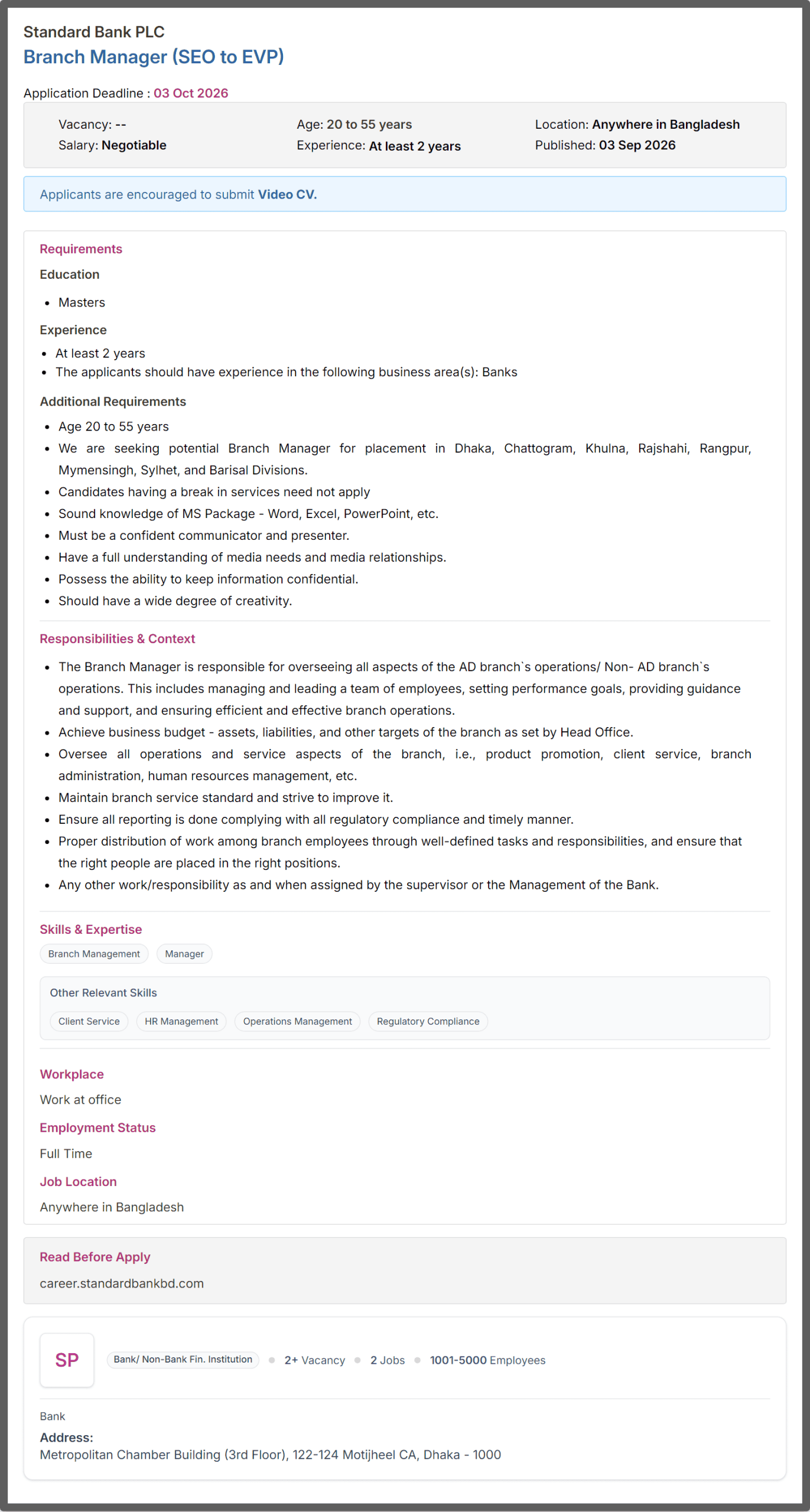 Standard Bank PLC Job Opportunities 2026