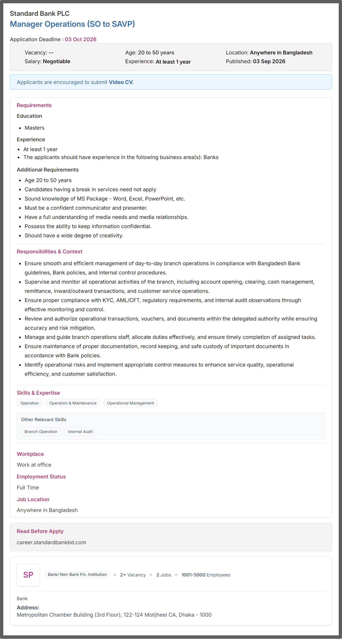 Standard Bank PLC Job Opportunities 2026