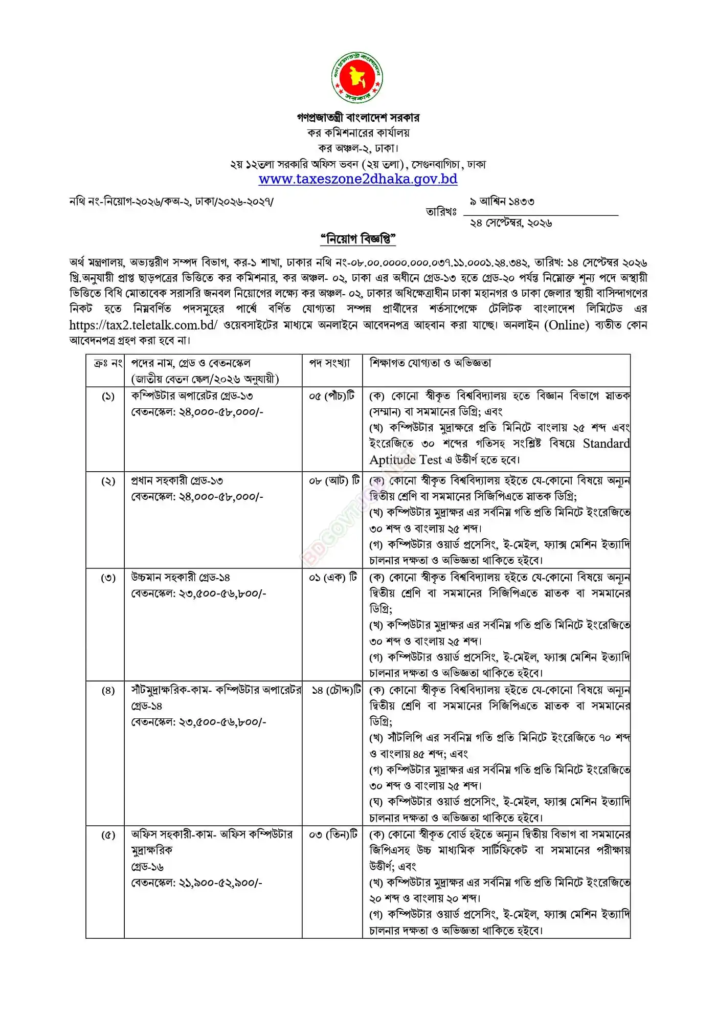 Dhaka Tax 2 Job Opportunities 2026