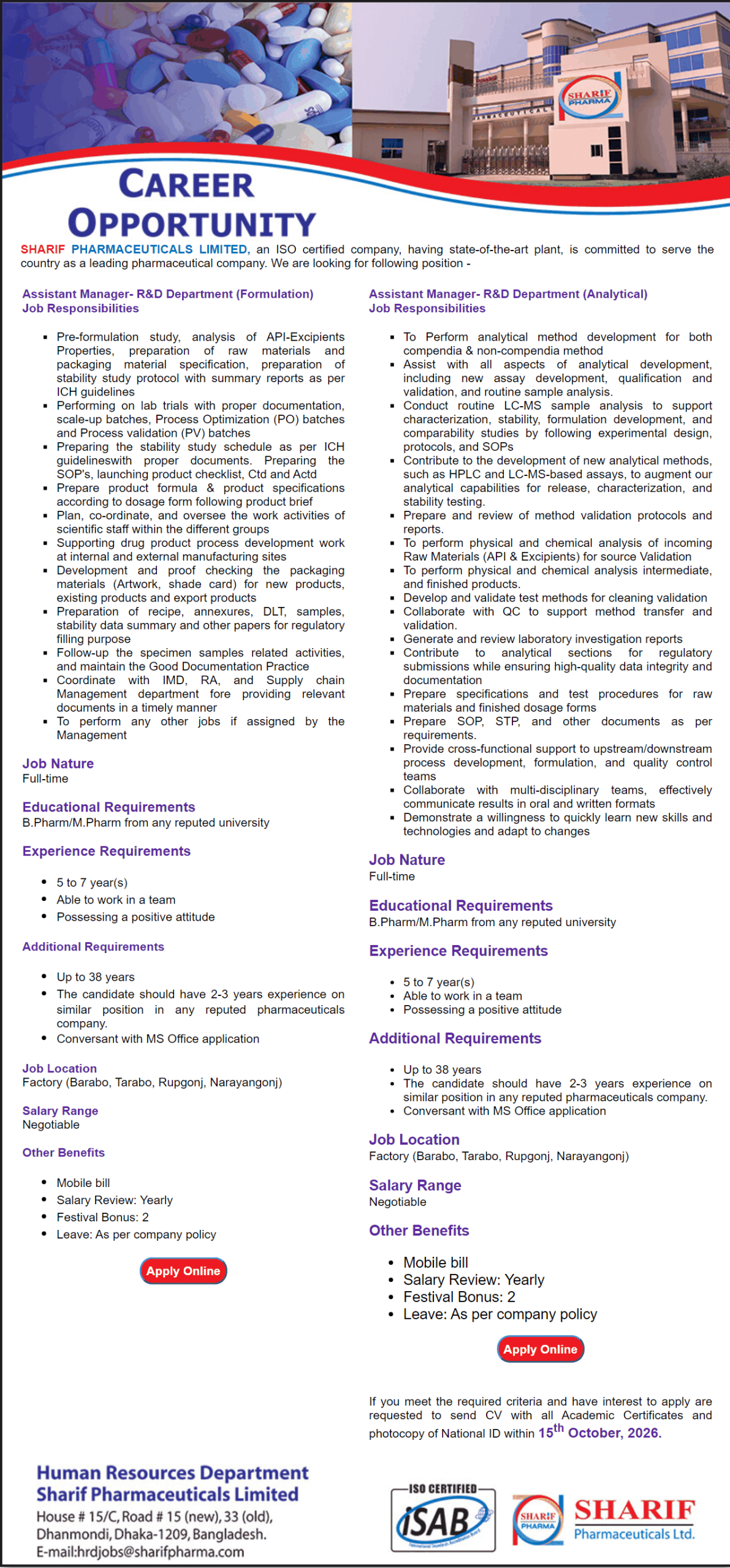 Sharif Pharma Job Opportunities 2026