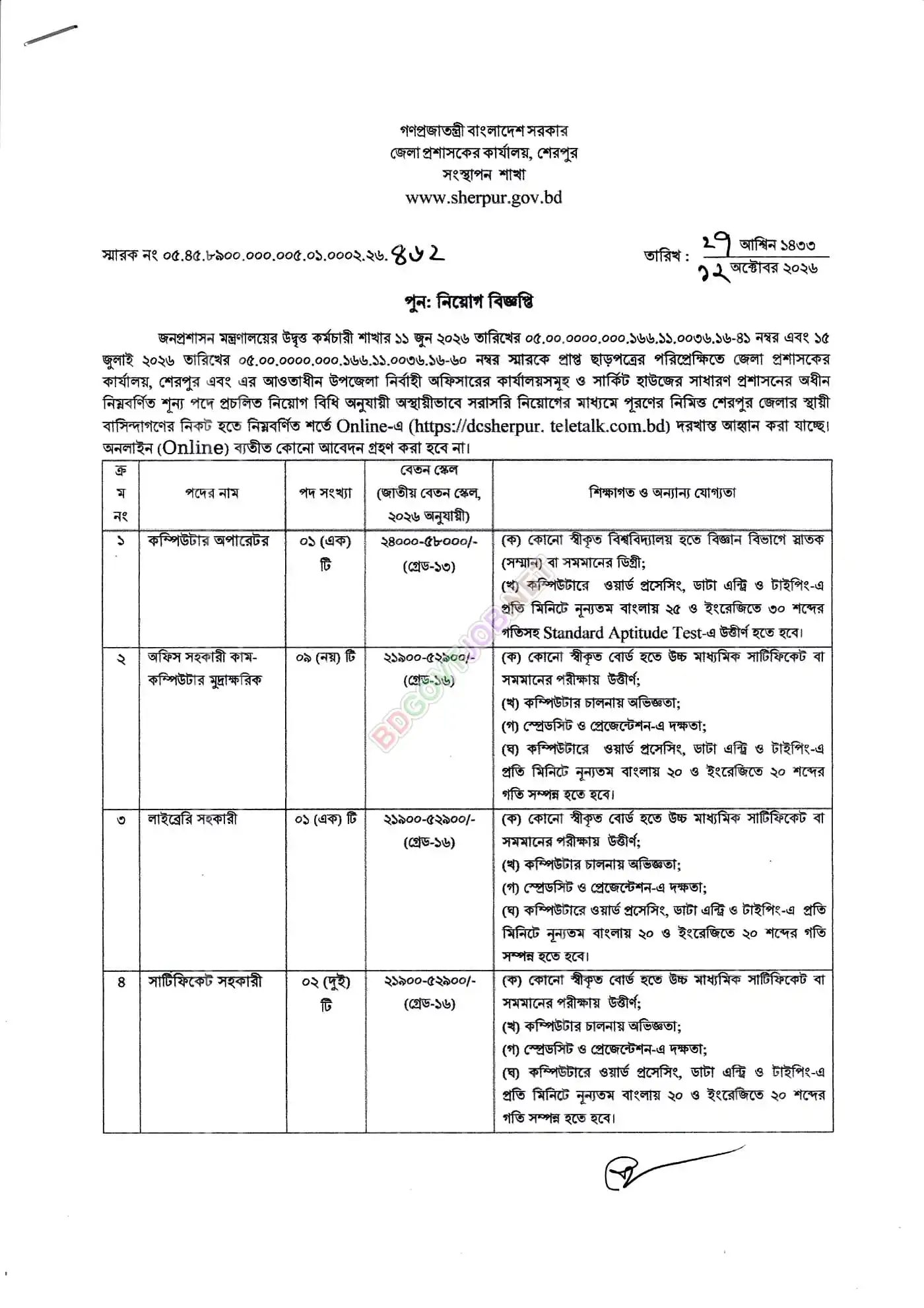 Sherpur DC Office Job Opportunities 2026