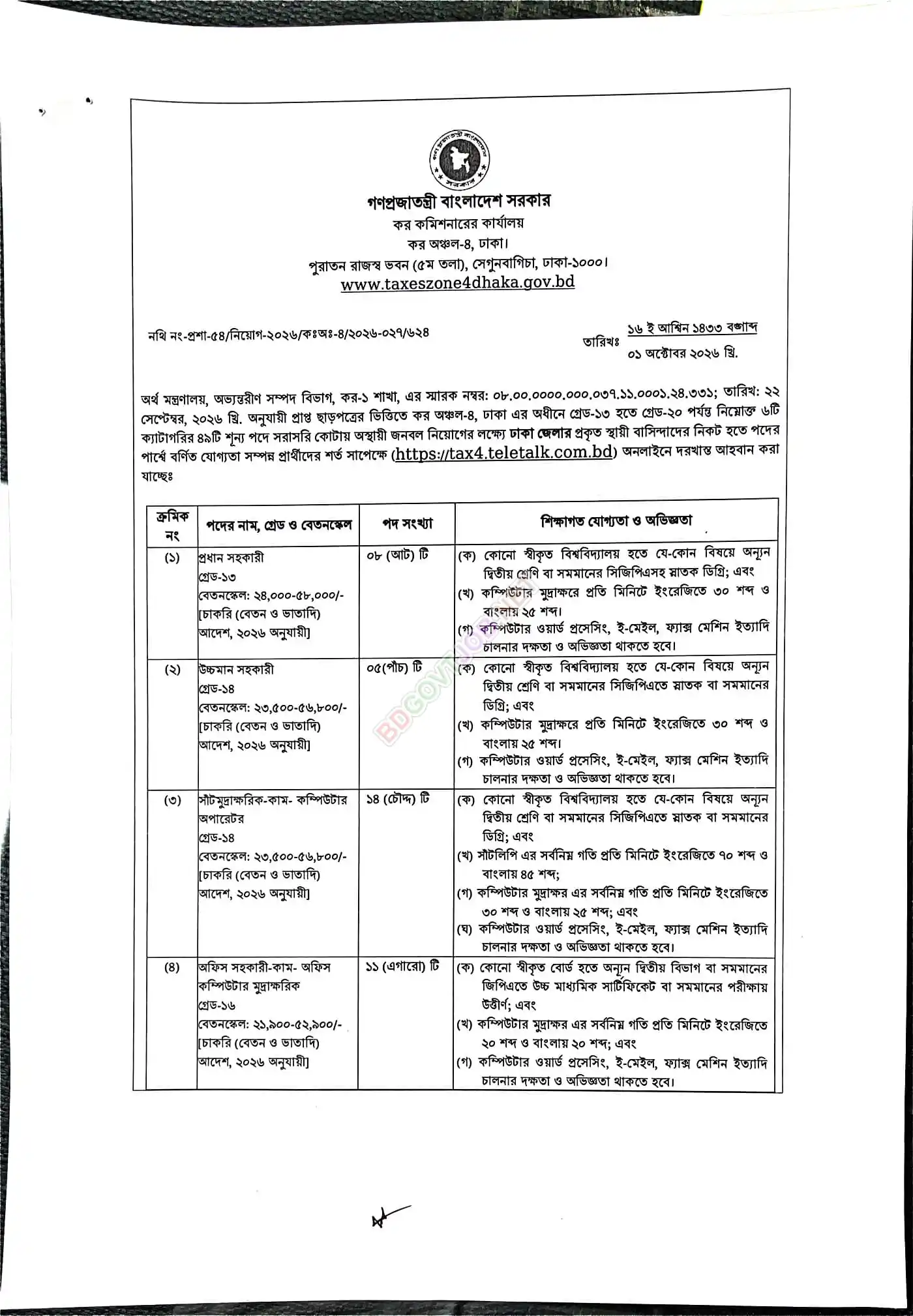 Dhaka TAX 4 Job Opportunities 2026